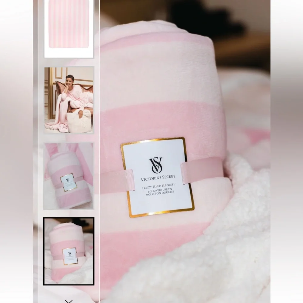 VICTORIA SECRET FAUX FUR TOTE,COZY FLEECE BLANKET,T-JAMA WITH PINK STRIPE - Picture 3 of 12